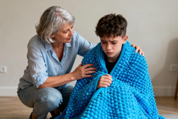 Une professionnelle de santé réconfortant un adolescent autiste en crise avec une couverture sensorielle bleue dans une pièce calme