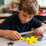 Enfant de 8 ans assis à une table en train de résoudre un puzzle avec une pièce jaune vive, dans une salle de classe éclairée naturellement