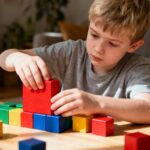 Enfant européen montrant des traits autistiques en arrangeant délicatement des blocs de couleur, avec un bloc rouge contrastant