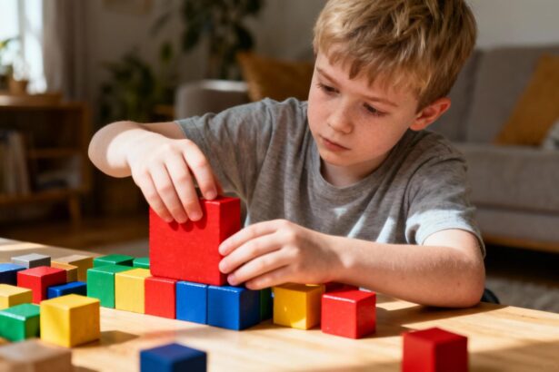 Enfant européen montrant des traits autistiques en arrangeant délicatement des blocs de couleur, avec un bloc rouge contrastant