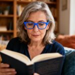 Femme adulte concentrée lisant un livre avec des lunettes bleues dans une bibliothèque chaleureuse