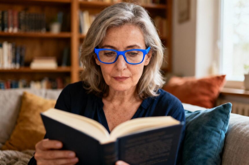 Femme adulte concentrée lisant un livre avec des lunettes bleues dans une bibliothèque chaleureuse
