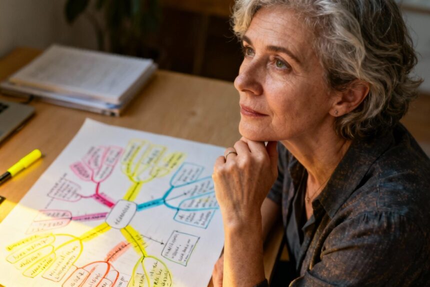 Femme européenne d'une cinquantaine d'années travaillant sur une carte mentale avec des surligneurs jaunes dans un bureau lumineux