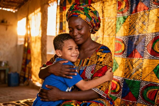 Mère africaine tenant son enfant autiste dans ses bras avec des tissus traditionnels colorés en arrière-plan