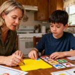 Mère et enfant autiste assis à table dans la cuisine avec des pictogrammes colorés pour la communication