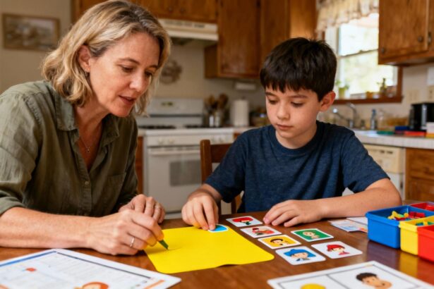 Mère et enfant autiste assis à table dans la cuisine avec des pictogrammes colorés pour la communication