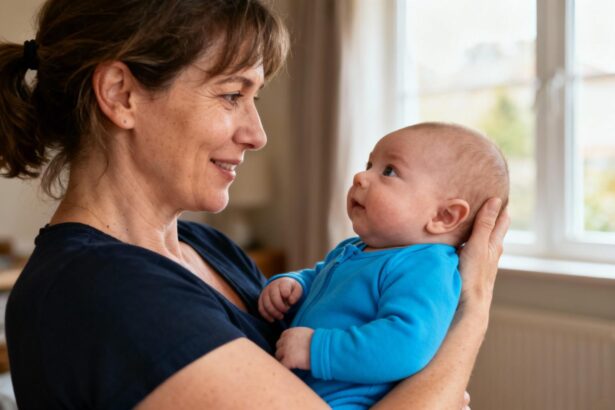 Mère européenne de 45 ans tenant tendrement son bébé de 2 mois en combinaison bleue, échangeant un regard affectueux