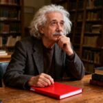 Einstein assis à son bureau en bois, plongé dans ses pensées avec un carnet rouge et des livres de physique autour de lui