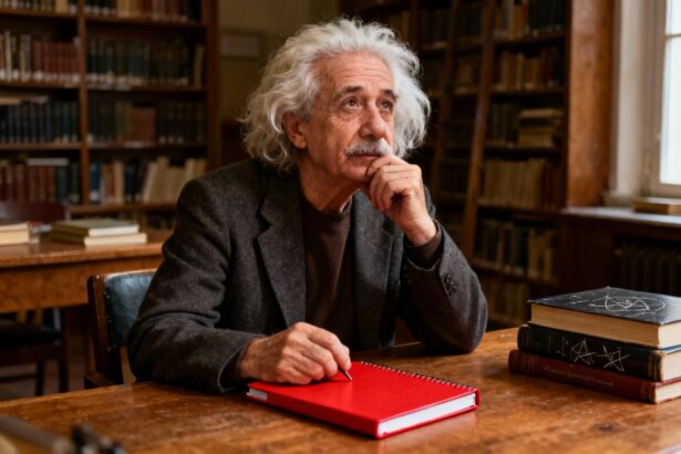 Einstein assis à son bureau en bois, plongé dans ses pensées avec un carnet rouge et des livres de physique autour de lui