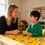 Mère et enfant autiste utilisant des cartes de communication jaunes pendant une séance de thérapie dans une pièce lumineuse