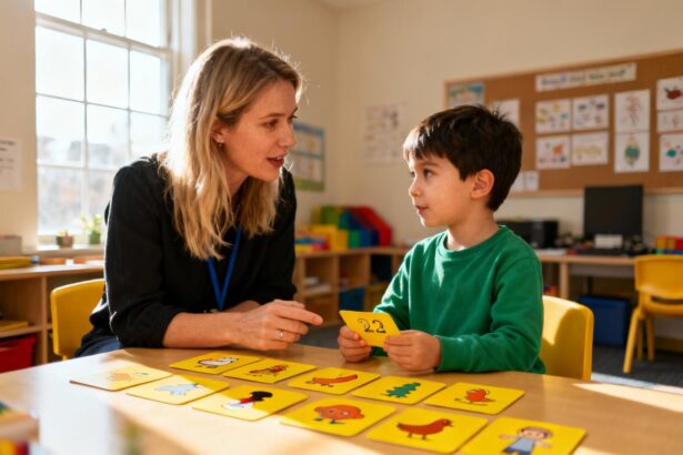 Mère et enfant autiste utilisant des cartes de communication jaunes pendant une séance de thérapie dans une pièce lumineuse