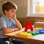 Jeune garçon européen de 8 ans observant attentivement des lettres d'alphabet colorées dans une salle de classe