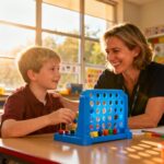 Enseignant souriant aidant un enfant autiste dans une classe colorée avec des jouets éducatifs bleus et lumière naturelle