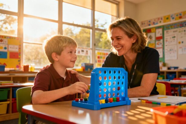 Enseignant souriant aidant un enfant autiste dans une classe colorée avec des jouets éducatifs bleus et lumière naturelle