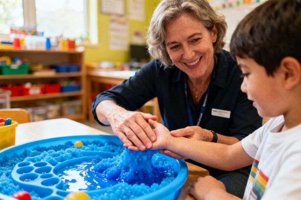 Enseignant européen aidant un jeune enfant autiste à manipuler un jouet sensoriel bleu dans une classe lumineuse