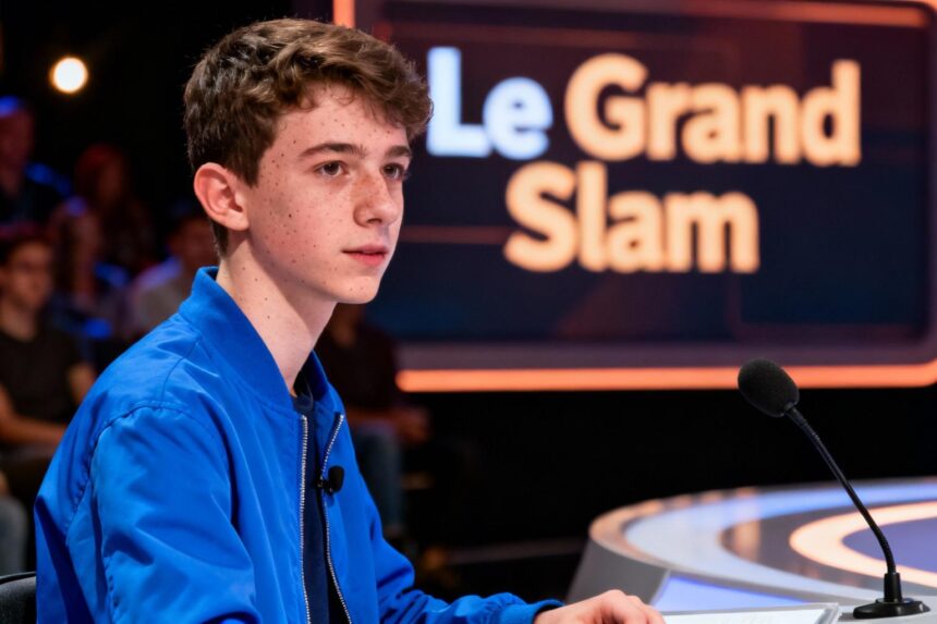 Jeune homme autiste en veste bleue vibrante concentré lors de l'émission Le Grand Slam