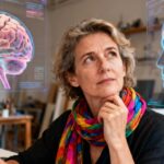 Femme européenne de 45 ans avec une écharpe colorée, en pleine réflexion dans un studio entouré de visualisations cérébrales