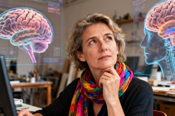 Femme européenne de 45 ans avec une écharpe colorée, en pleine réflexion dans un studio entouré de visualisations cérébrales