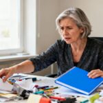 Femme d'âge mûr manifestant des symptômes de TDAH devant un bureau désorganisé avec un cahier bleu vif