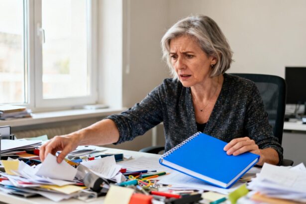 Femme d'âge mûr manifestant des symptômes de TDAH devant un bureau désorganisé avec un cahier bleu vif