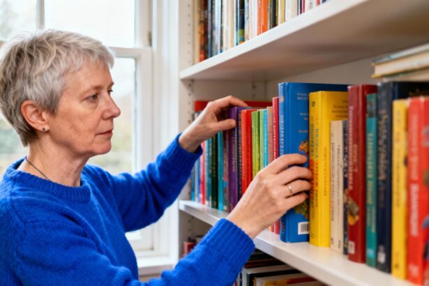 Femme d'âge mûr avec autisme Asperger portant un pull bleu vif, organisant méticuleusement des livres colorés sur une étagère
