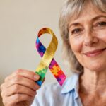 Femme de 55 ans tenant un ruban coloré sur l'autisme avec un symbole infini doré en arrière-plan