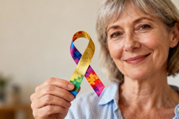 Femme de 55 ans tenant un ruban coloré sur l'autisme avec un symbole infini doré en arrière-plan