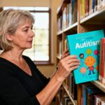 Femme adulte sélectionnant des livres sur l'autisme dans une bibliothèque, lumière naturelle traversant la fenêtre