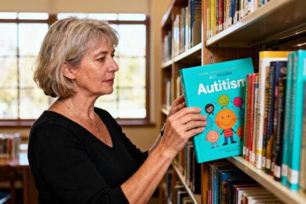 Femme adulte sélectionnant des livres sur l'autisme dans une bibliothèque, lumière naturelle traversant la fenêtre