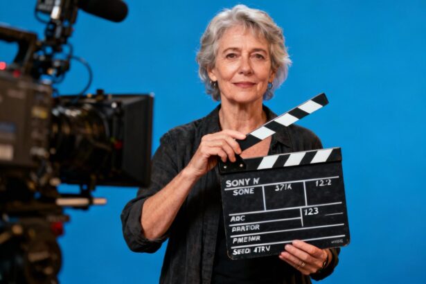 Cinéaste européenne de 50 ans tenant un clap de cinéma sur fond bleu vibrant, ambiance de plateau de tournage
