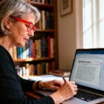 Femme de 55 ans avec lunettes rouges travaillant sur un ordinateur portable avec un logiciel de correction orthographique visible à l'écran