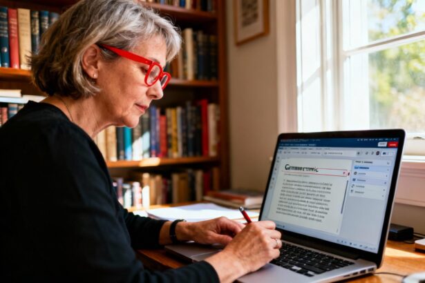 Femme de 55 ans avec lunettes rouges travaillant sur un ordinateur portable avec un logiciel de correction orthographique visible à l'écran