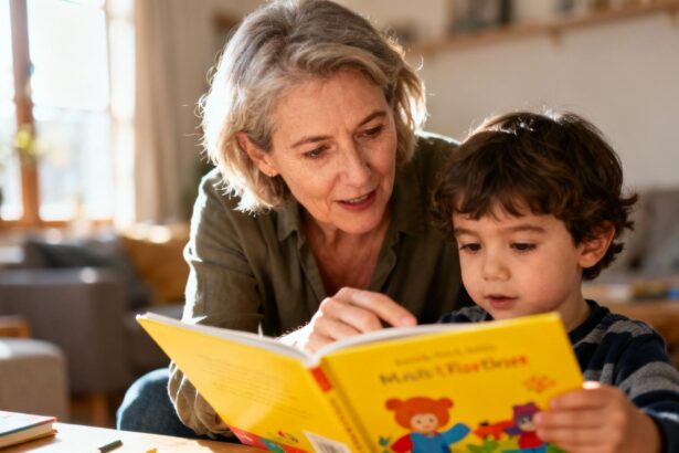 Femme de 55 ans enseignant à un jeune enfant avec un livre jaune vif dans un environnement domestique chaleureux