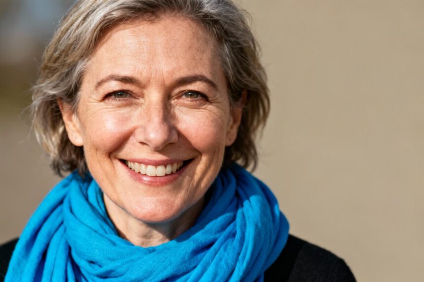 Femme européenne de 50 ans souriante avec une écharpe bleue vive, regardant directement la caméra dans un portrait naturel
