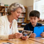 Femme d'âge mûr montre des cartes de communication visuelle bleues à un enfant autiste dans une salle de classe lumineuse