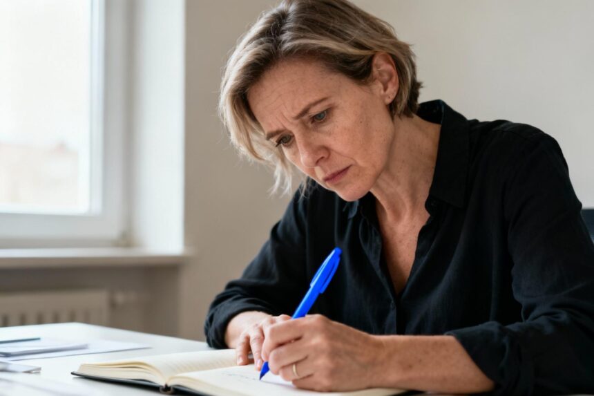 Femme européenne de 45 ans en train de travailler avec un carnet, luttant pour se concentrer malgré un trouble attentionnel