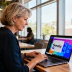 Femme de 55 ans travaillant sur Genially avec des éléments interactifs bleus à l'écran dans un espace coworking moderne