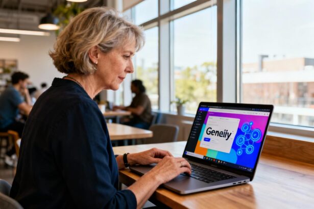 Femme de 55 ans travaillant sur Genially avec des éléments interactifs bleus à l'écran dans un espace coworking moderne