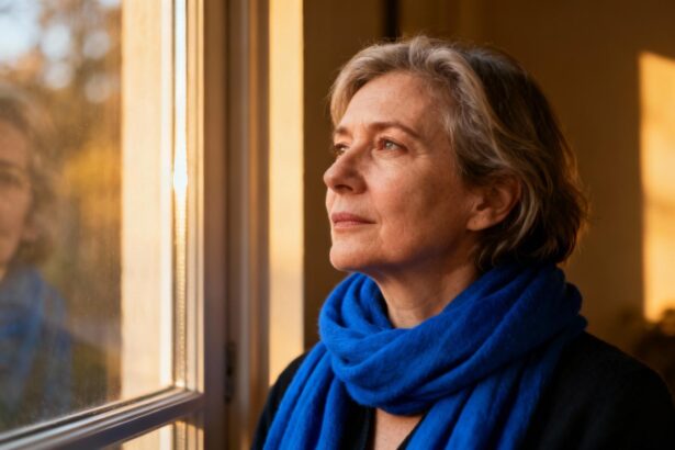 Femme d'âge mûr avec une écharpe bleue regardant pensivement par la fenêtre, évoquant une réflexion sur l'autisme adulte