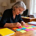 Femme d'âge mûr concentrée sur l'organisation de notes colorées sur un bureau en bois avec un cahier jaune vif