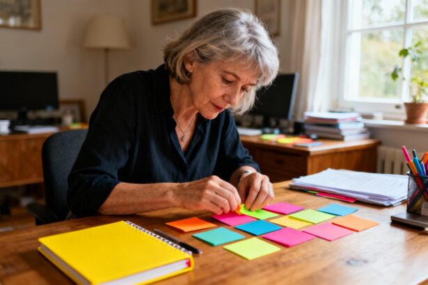 Femme d'âge mûr concentrée sur l'organisation de notes colorées sur un bureau en bois avec un cahier jaune vif