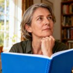 Femme de 45 ans réfléchissant avec la main sur le menton devant un cahier bleu dans une bibliothèque