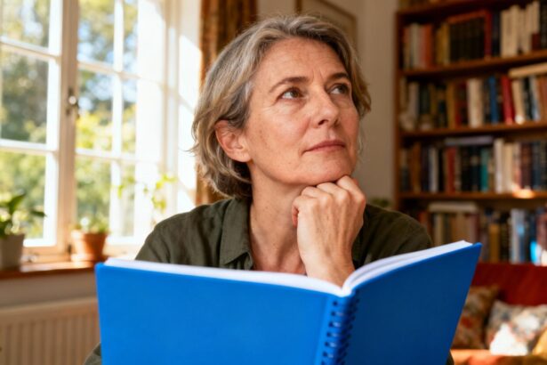 Femme de 45 ans réfléchissant avec la main sur le menton devant un cahier bleu dans une bibliothèque