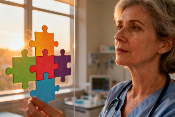 Femme d'âge mûr regardant des pièces de puzzle colorées symbolisant les comorbidités de l'autisme dans un environnement médical