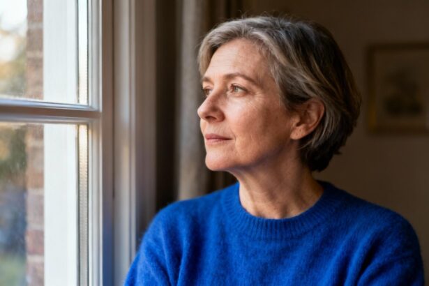 Femme de 50 ans regardant par la fenêtre avec une expression pensive, portant un pull bleu vif