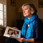 Femme mûre regardant un album de photos familial dans un intérieur chaleureux, portant une écharpe bleue vive
