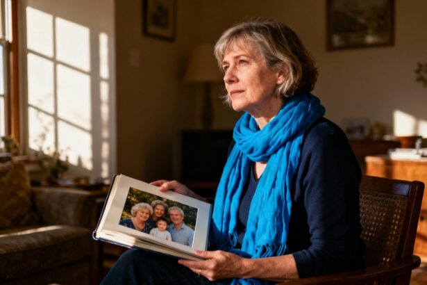 Femme mûre regardant un album de photos familial dans un intérieur chaleureux, portant une écharpe bleue vive