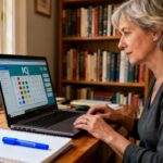 Femme de 55 ans concentrée sur son écran d'ordinateur affichant un test de QI, stylo fluo bleu sur son cahier