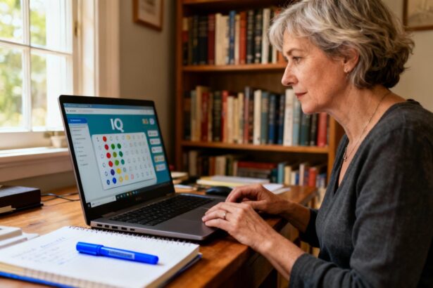 Femme de 55 ans concentrée sur son écran d'ordinateur affichant un test de QI, stylo fluo bleu sur son cahier