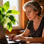 Femme d'âge mûr travaillant sur ordinateur portable avec une plante verte en arrière-plan dans un bureau chaleureux
